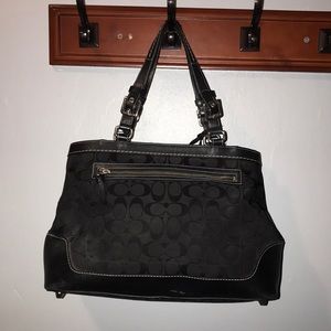 COACH Black monogram tote with leather handles and trim